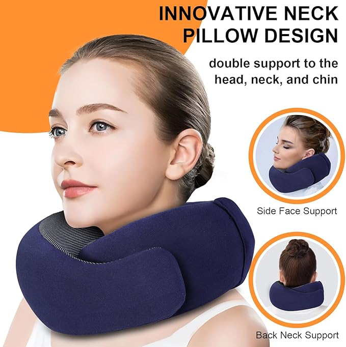 Travel Pillow - Hooded Neck Pillow Airplane Memory Foam Filling for Plane, Office, Cars Sleeping, Road Trip, Long Flights, Airplane Travel Essentials, Includes Eye Mask & Earplugs (Navy)