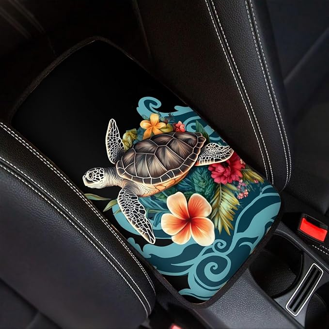 Dreaweet Center Console Cover Polynesian Tribal Turtle Car Accessories Armrest Box Storage Mat Soft Comfort Arm Rest Cover for Car Truck SUV