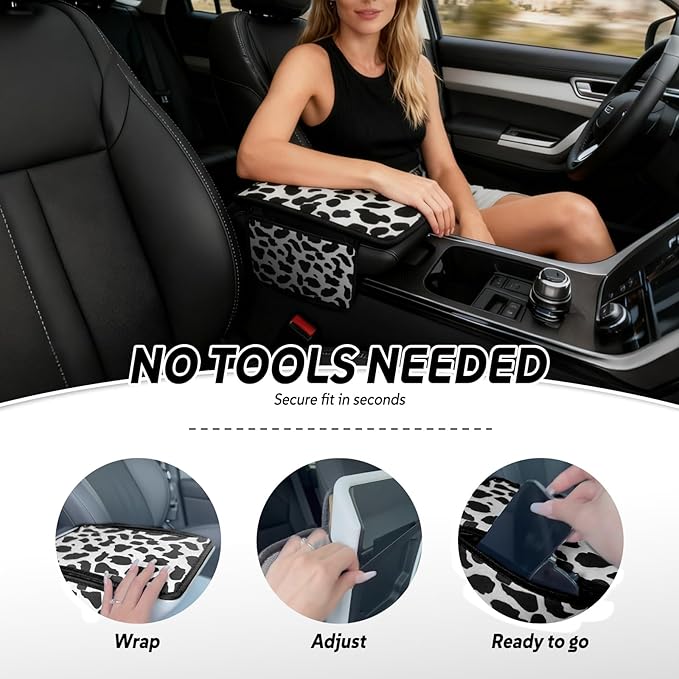 Cow Print Armrest Cover with 2 Side Pockets & Storage Bags, Cute Cow Car Decor,Center Console Cover Pad Organizer, Cow Pattern Cushion Mat,Interior Accessories for Most Vehicles (Black)