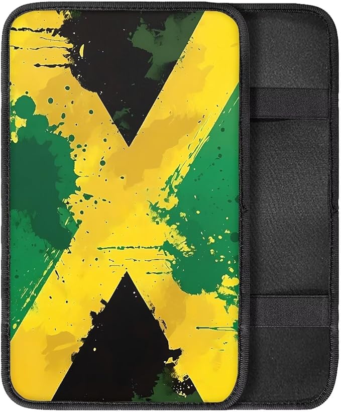 Auto Center Console Pad, Universal Car Armrest Seat Box Cover,Jamaican Flag Auto Armrest Cover Protector for Most Vehicle, SUV, Truck