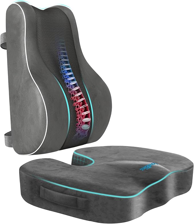 CloudBliss Ergonomic Lumbar Support Pillow Seat Cuhsion - Memory Foam for Lower Back Pain Relief, Adjustable Straps & Mesh Cover for Office, Gaming, Car Seat (Grey)