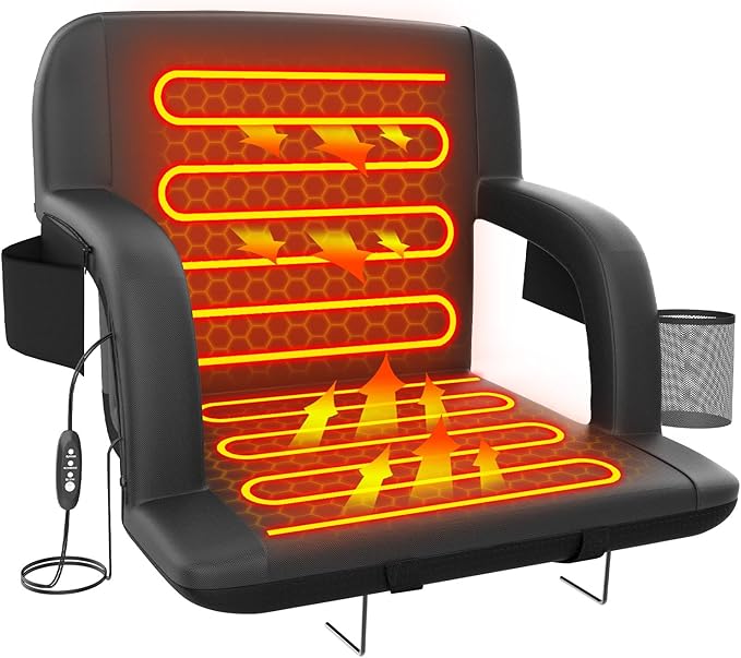 Suteck Dual-Side Heated Stadium Seats with Back Support, Wide Portable Stadium Chair, Foldable Bleacher Chair W/USB 3-Level Heating, 5 Storage Pockets for Outdoor Bleachers Camping Games