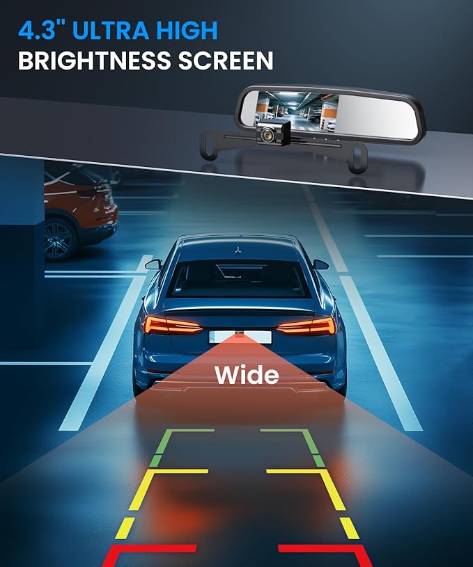 Auto-Vox Rear View Mirror Backup Camera: 4.3'' OEM HD Wireless Backup Camera with Intelligent Light Sensing Display System,IP69 Waterproof, Clear Night Vision Back Up Camera for Car, Truck & Pickup