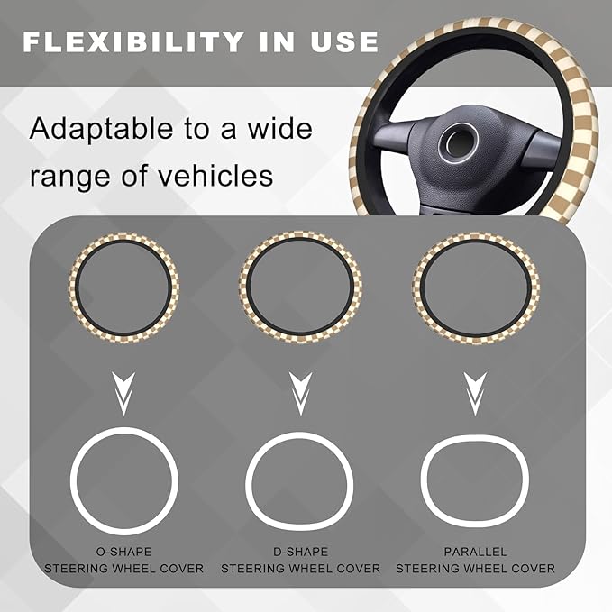 Brown Beige Checkered Steering Wheel Cover, Cute Anti-Slip Breathable Car Accessories Interior Elastic Steering Wheel Cover for Men Women Fit Auto, SUV Vans Truck Universal 14.5-15 Inch