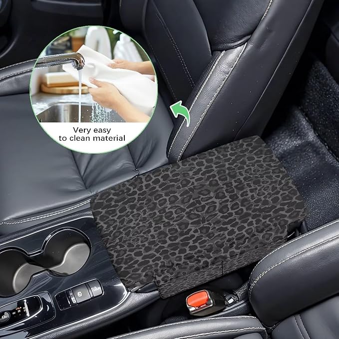 Dreaweet Black Leopard Print Center Console Cover for Car Thick Arm Rest Cover Pad with Pockets Cheetah Car Accessories Universal Comfortable Car Armrest Cover Cushion Pad