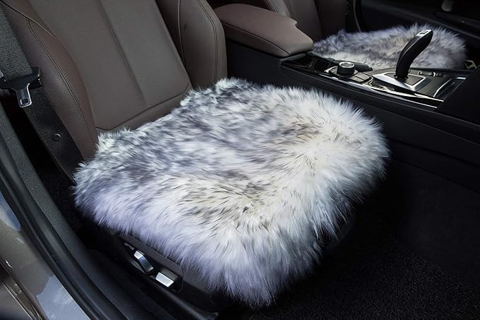 Winter Warmth: Universal Sheepskin Seat Cushion Cover - Natural Wool, for Cars, Trucks, SUVs & Vans - Cozy & Stylish Driving Companion Front Grey Tips