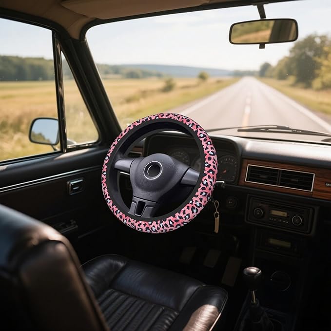 Steering Wheel Cover Accessories Neoprene Cover, Breathable Non-Slip Easy to Install Suitable for Women Men, 14.5-15.5 Inch for Car SUV Van Truck Universal - Pink Small Panther