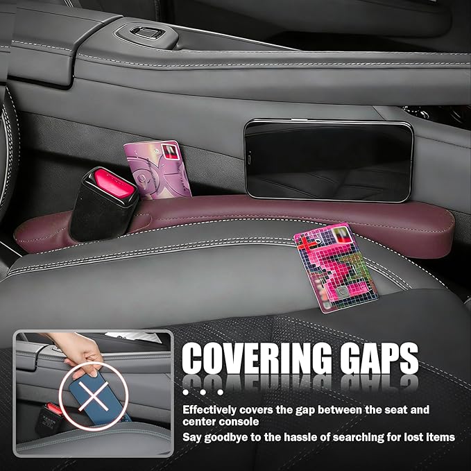 2026 New Car Seat Gap Filler 2 Pack,Leather Seat Gap Filler Strip with Fix Strap to Avoid Items from Falling,Universal Car Seats Gaps Plug Cars Interior Accessories (Burgundy)