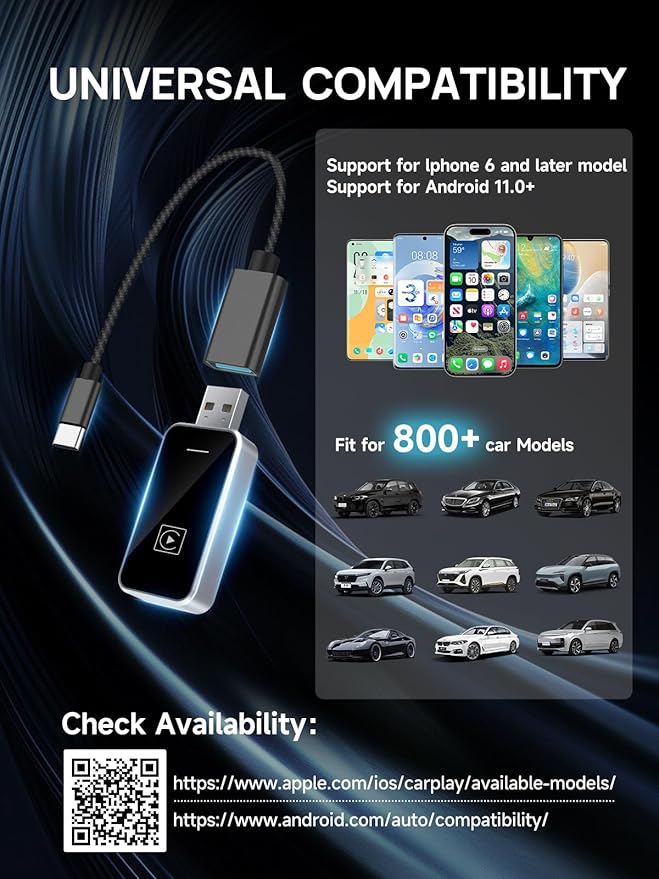 Moman Wireless CarPlay Adapter, Plug & Play Car Play in-Dash Converter for iOS 10+ & Android Auto with USB-A/USB-C Convert Wired to Wireless for 800+ Cars (2016+)