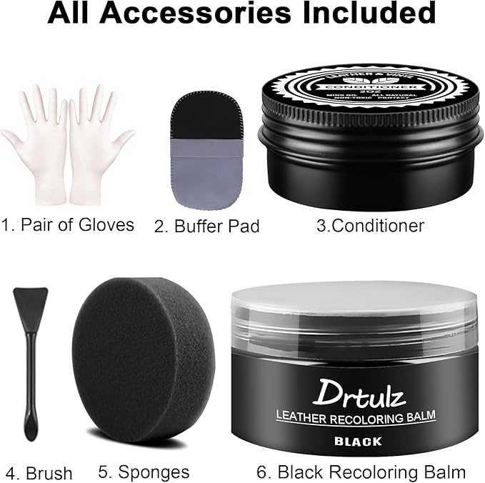 Black Leather Recoloring Balm, Leather Color Restorer Conditioner, Leather Repair Kits for Vinyl Furniture, Sofa, Car Seats, Shoes - Repair Leather Color on Faded & Scratched Leather Couches