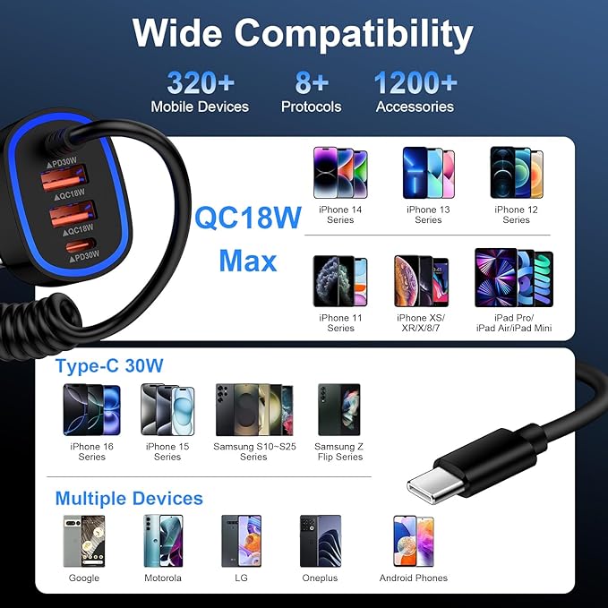 60W Type C Super Fast Samsung Car Charger for Galaxy S26/S25 Ultra/A17/Z Flip7/Fold7/A56/A16 iPhone 17 16e 16 Pro Max Pixel 10A, 4-Port USB C & USB A Car Phone Charger Adapter+4FT Type C Coiled Cable