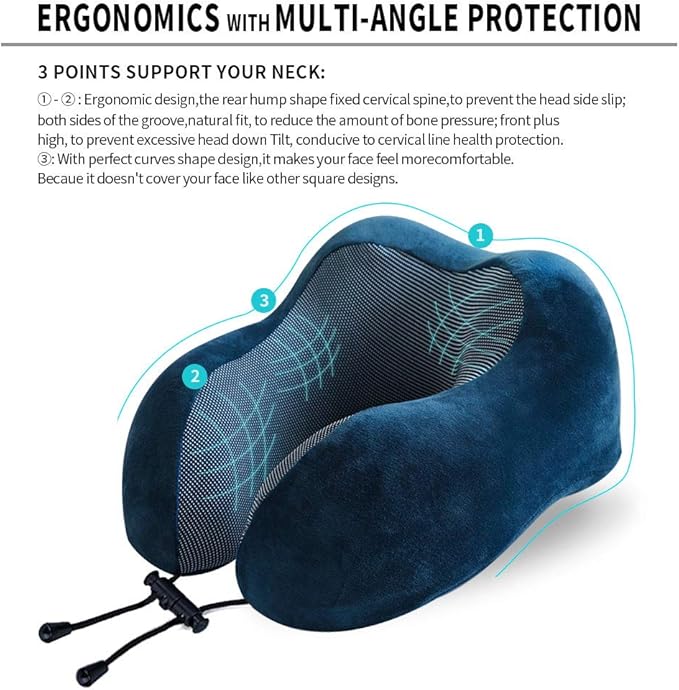 TALLGO Travel Pillow, Best Memory Foam Neck Pillow Head Support Soft Pillow for Sleeping Rest, Airplane Car & Home Use (Dark Blue)