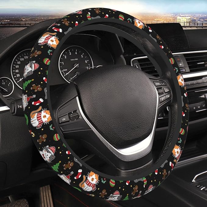 Christmas Cat Steering Wheel Cover Women 15 inch Anti-Slip Sweat Absorption Steering Wheel Covers Cute Car Accessories Decor Car SUV Sedan Vans Truck Protector