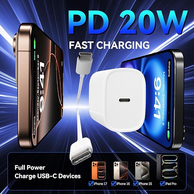 iPhone 17 16 15 Fast Charger, 2-Pack 20W USB C Wall Charger Plug with 6FT Type C High-Speed Fast Charging Cable for Apple iPhone 17 Pro Max/Pro/Air,iPhone 16/15 Pro Max/Pro/Plus/iPad Pro/Mini/AirPods