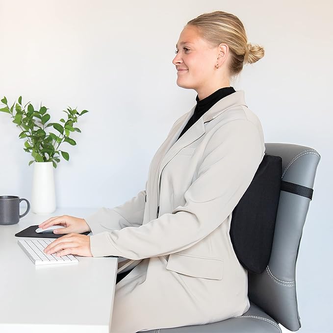 Core Products Sitback Rest Cushion Lumbar Support for Lower Back & Office Chair, Adjustable Strap Contoured Foam, Black - 13" x 14" x 5", Made in the USA