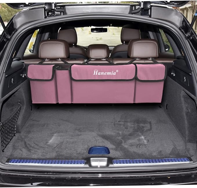 Hanemia Car Trunk Organizer, Backseat Hanging Storage with 4 Large Pockets, Collapsible Cargo Bag with Adjustable Straps Frees Trunk Floor, Sturdy Space Saving Expert for SUV, Truck, Van (Pink)