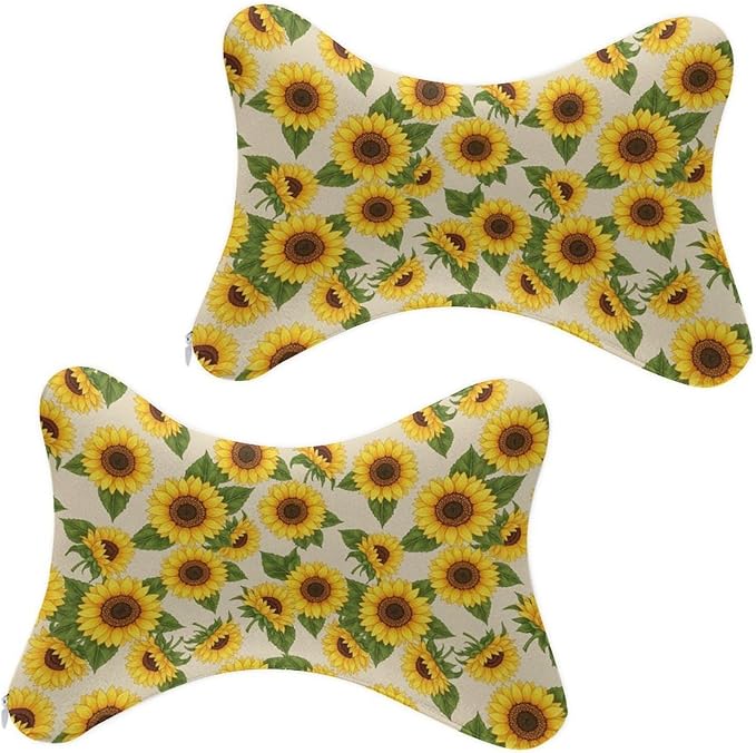 Car Headrest Pillow Compatible with Yellow Sunflowers, Cartoon Neck Pillow for Car, 2 Pcs Comfortable Soft Car Seat Pillow for Driving,Head Rest Cushion, Cute Neck Pillow for Travel