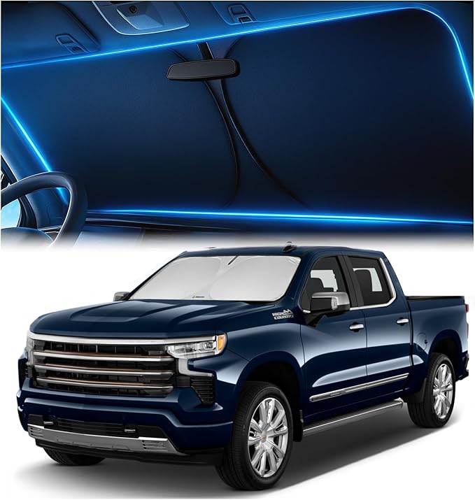 Windshield Sunshade for Chevrolet Silverado 2019-2026 - Innovative No-Light-Pass Technology, Mirror Cut-Out, Blocks 99% UV Rays, Fade-Resistant, Easy-Fold Chevy Silverado 1500 Windshield Sun Shade