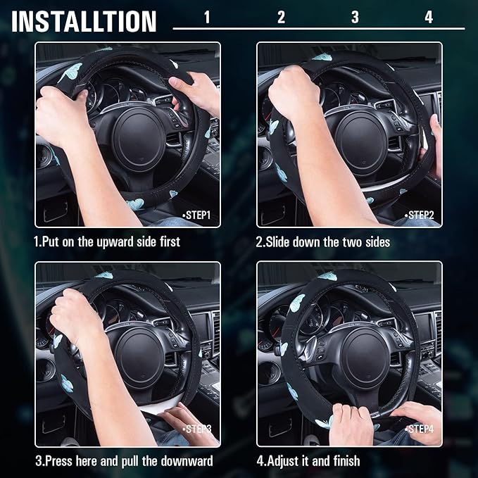 Car Pass Mint Embroidery Butterfly Steering Wheel Cover, Universal 15 Inch Car Wheel Cover for Women Girls, Fit for Suvs,Small Trucks,Sedans,Cars (Black and Mint)