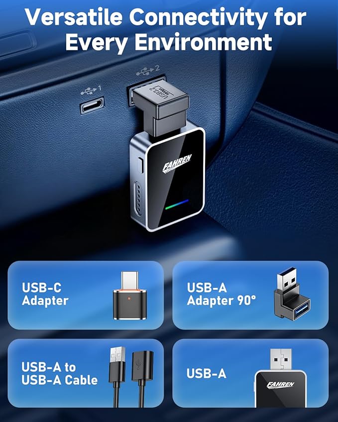 FAHREN 2-in-1 Wireless CarPlay & Android Auto Adapter, One-Click User Switching Car Play Wireless Adapter, Converts Wired to Mini Bluetooth Carplay adapter, Compatible iOS & Android with USB A & USB C