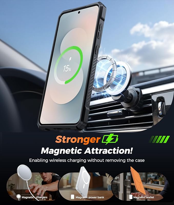 FNTCASE for Samsung Galaxy S25-FE Case: with [Magnetic Ring Kickstand] [Screen Protector] [Compatible with MagSafe] [Military-Grade Drop Protection] Heavy Duty Full Body Protective Phone Cover Black