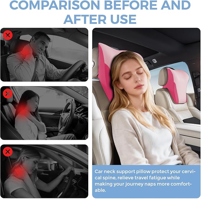 BABUR Car Headrest Pillow | Ergonomic Memory Foam Neck Shoulder Support Pillow with Adjustable Design & Enlarged Surface | Pain Relief for Driving Travel Sleeping | Pink1 Pack