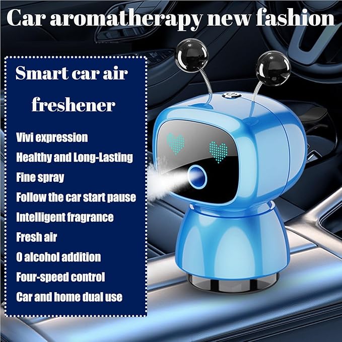 Robot Intelligent Aromatherapy Machine, Smart Cute Robot Car Air Freshener - Fine Spray/Fillable/Four-Gear Adjustment/Vibration Sensing/On-Off/Large Capacity Long-Lasting Fragrance/V3 (Blue, Ocean)