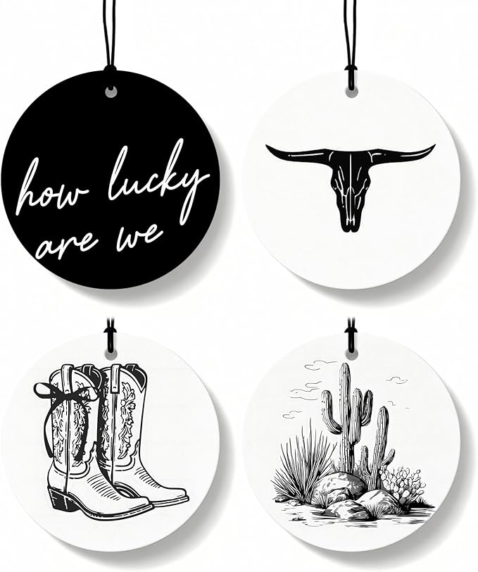 Western Round Car Air Freshener 4 Pcs, Preppy Cow Skull Cactus Cowgirls Boots Hanging Air Freshener for Cars Closet Drawer Books, Black and White Western Car Accessories Mirror Decor for Women