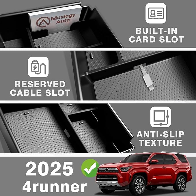 Muslogy Center Console Organizer Compatible with 2025 2026 Toyota 4Runner Accessories Armrest Middle Console Divider Storage Box with Card Slot Tray Divider Insert Organizer ABS Material