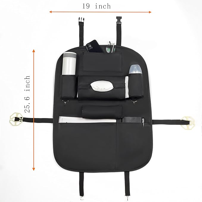 Premium PU Leather Backseat Seat Organizer with Foldable Table, Multi-Storage Pockets and Adjustable Buckle Strap - Beige