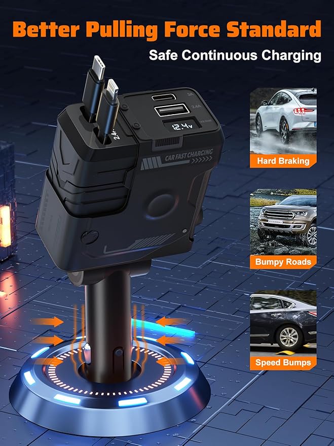 Retractable Car Charger with Retractable Cables (31.5 inch), 4 in 1 Super Fast Car Phone Charger, 2 USB Ports Car Charger Adapter, Compatible with iPhone 15 14 13 12 11 Pro Max, iPad, Pixel