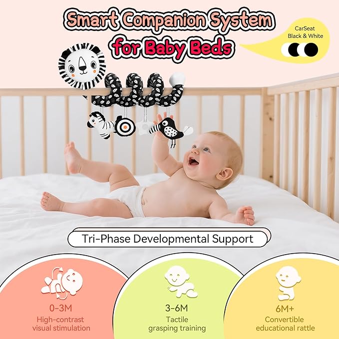 FPVERA Car Seat Toys for Babies 0-6 Months: Travel Baby Toy for Soft Hanging Toys for Carseat, Spiral Plush High Contrast Black and White Toy for Boys Girls