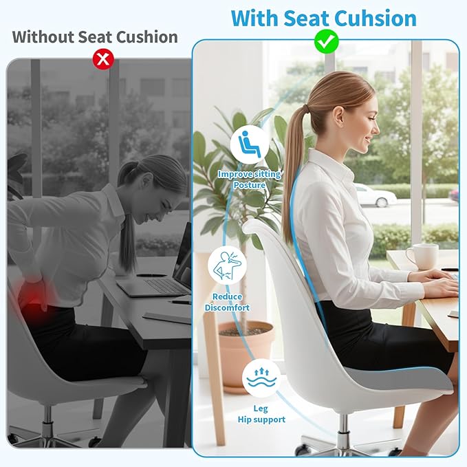 Large Seat Cushion, Memory Foam Cushion for Long Sitting Hours on Office Chair, Home & Car, Non-Slip Chair Pad for Relieving Back & Sciatica & Hip & Coccyx Pain (Light Grey)