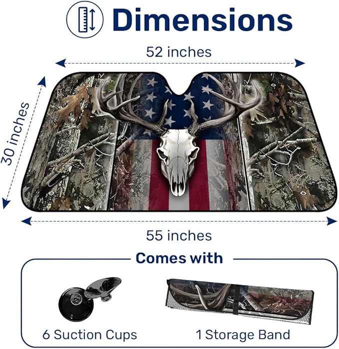 GENANY Hunting Car Sun Shade for Car SUV Truck (55x30 inches), Deer Skull Sun Shade Windshield, Shades for Front Windows, Protector Blocks UV, Car Decor