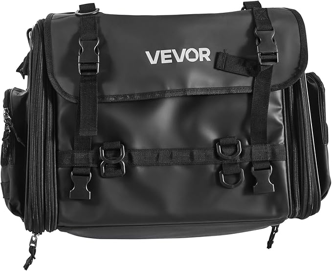 VEVOR Motorcycle Tail Bag, 40-60 L Expandable Motorcycle Rear Seat Bag with Waterproof Rain Cover, Foldable Outdoor Sports Motorbike Luggage Storage with Shoulder Straps, Pocket & Elastic Cord, Black