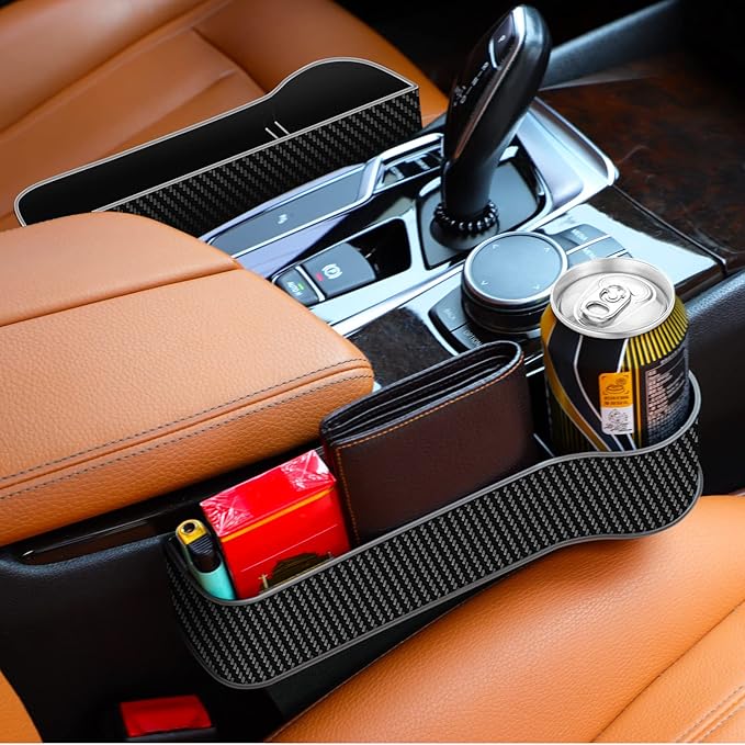 Car Seat Gap Filler Organizer, 2 Pack Multifunctional Auto Console Side Storage Box with Cup Holders 2 Seat Hooks for Drink, Car Organizer Front Seat for Holding Phone, Sunglasses