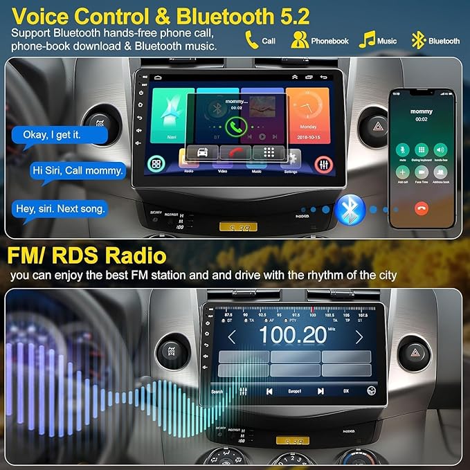 4G+64G Car Radio Stereo for Toyota RAV4 2007-2012, Wireless Carplay&Android Auto with Android 13 Support Bluetooth/Voice Control/GPS/WiFi/Back-up Camera/SWC/FM, 9 Inch IPS Touch Screen for Toyota RAV4