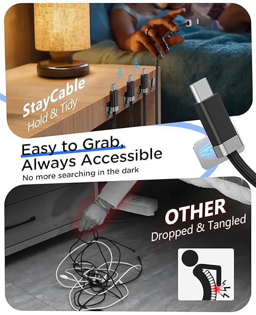 Magtame USB A to USB C Cable 3.3FT, Braided StayCable Built-in Magnetic Holder for Nightstand, Desk&Car, USB Type C Data Cord with 2 Adhesive Metal Plates for iPhone 17,16