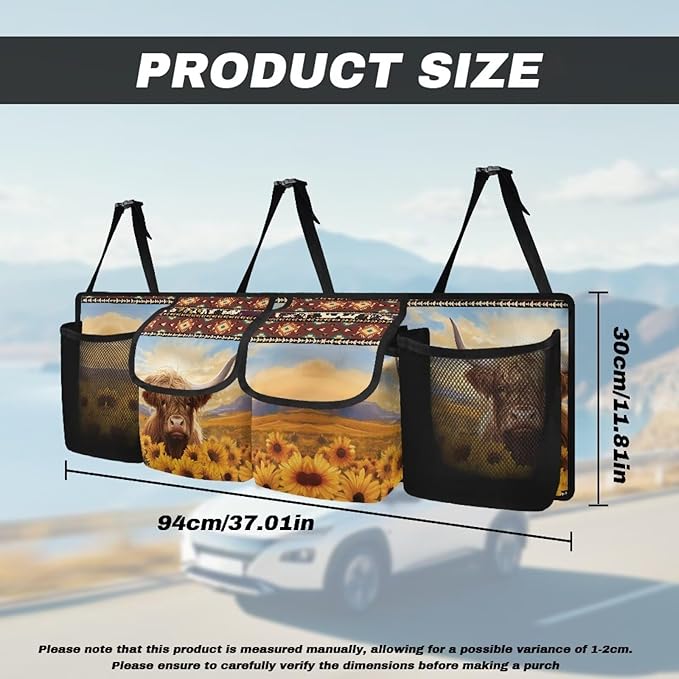 Highland Cow Sunflower Car Backseat Hanging Trunk Organizer with 4 Pockets Multipurpose Adjustable Car Organizer Bag Auto Interior Accessories