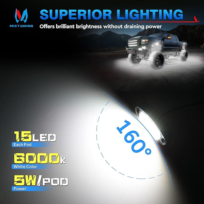 MICTUNING 2026 Upgraded White Rock Lights Super Bright Underglow Lighting Kit - 240 LEDs 16 Pods Pure White Led Rock Light, Extensible Underbody Lights for Trucks ATV UTV Boat