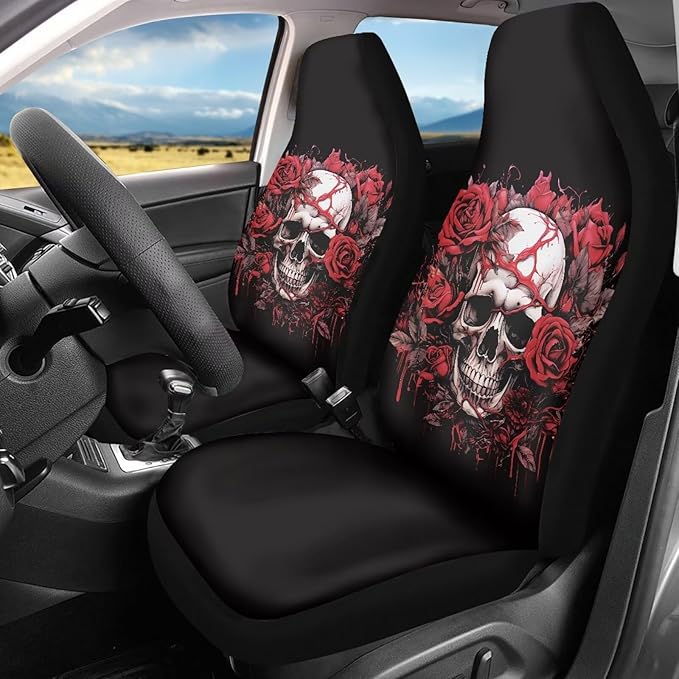 Halloween Skull Rose Car Seat Cover Easy to Install Car Front Seat Protector Breathable Front Seat Cover Anti Slip Universal for Cars Truck SUV Van