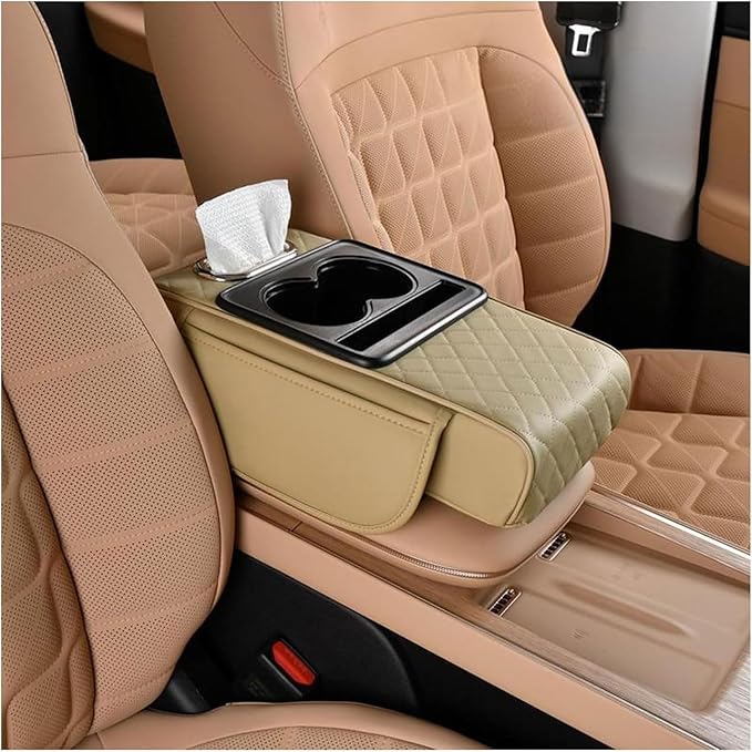Car Armrest Cushion for Mercedes Benz E-Class W211 2001-2005 2006 2007 2008 2009, Car Center Console Cover Armrest Pad with Cup Holder and Tissue Box, Car Accessories,Beige