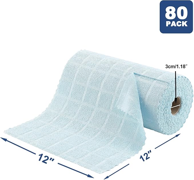 Ferdilan 80 Pack Microfiber Cleaning Cloth Roll,Lint Free Rags Paper Towels & Tear Away Reusable Towels,Washable Shop Rags,Wash Cloths Dish Rags(12" x 12") for Car Kitchen Window Garage-Light Blue