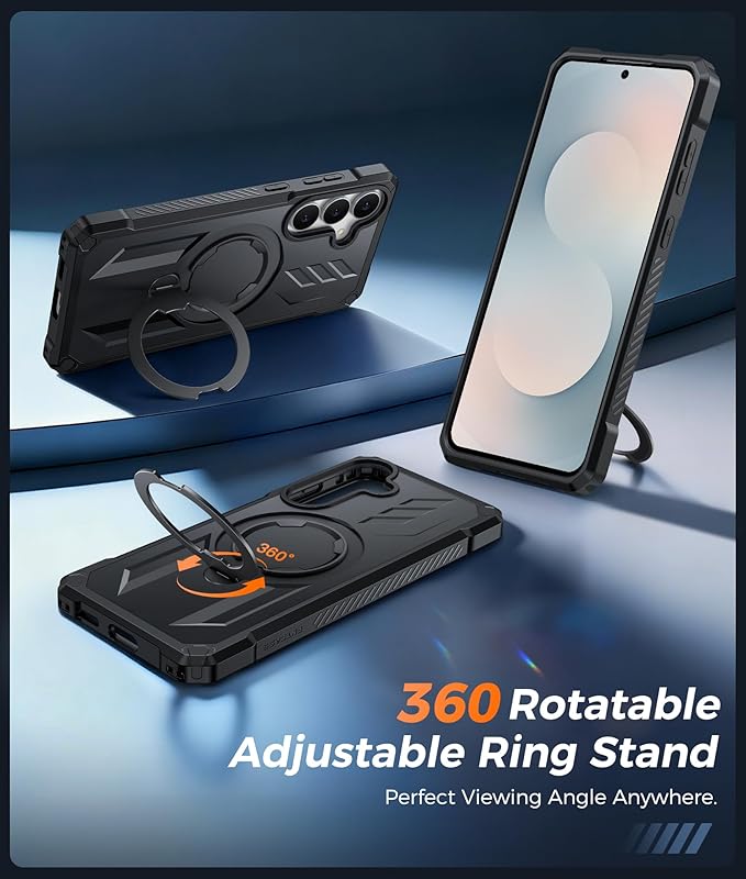FNTCASE for Samsung Galaxy S25-FE Case: with [Magnetic Ring Kickstand] [Screen Protector] [Compatible with MagSafe] [Military-Grade Drop Protection] Heavy Duty Full Body Protective Phone Cover Black
