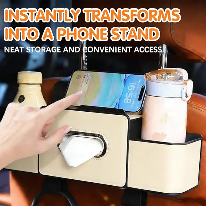 UKM 3-in-1 Back Seat Car Organizer, Car Backseat Storage Box with Cup Holder, Tissue Box&Hooks, Multifunctional Waterproof Storage for Hold Phones Drinks Handbags (Brown)