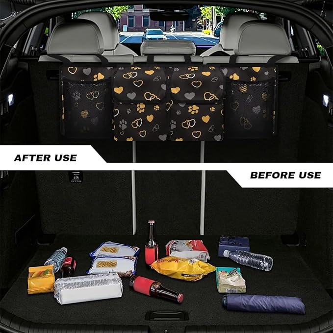 Hanging Car Trunk Organizer, Car Back Seat Storage with 4 Pockets Universal Detachable Car Accessories for SUV Hatchback Crossover Minivan (Dog Paw Print Love Heart Design)