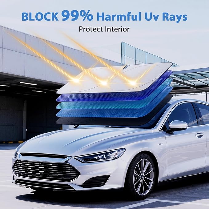 PEMOTech Windshield Sun Shade with Storage Pouch, Thickened Titanium Silver Coating Overlapping Car Window Shades, Blocks 99% Rays & Keeps Interior Cool, Rear View Mirror Compatible(59x31 inches)