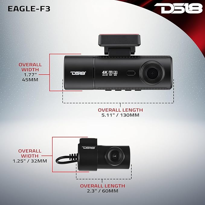 DS18 Eagle-F3 4K Dash Cam Triple Front Cabin and Rear, WiFi GPS Dash Cam with Night Vision, 24/7 Parking Mode, G-Sensor, Loop Recording, Includes 64GB microSD Card