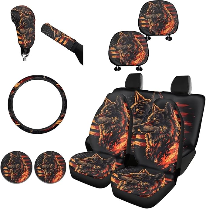 FKELYI American Flag Car Seat Covers - Full Set with Steering Wheel, Gear Shift, Handbrake, Cup Holder, and Headrest Covers