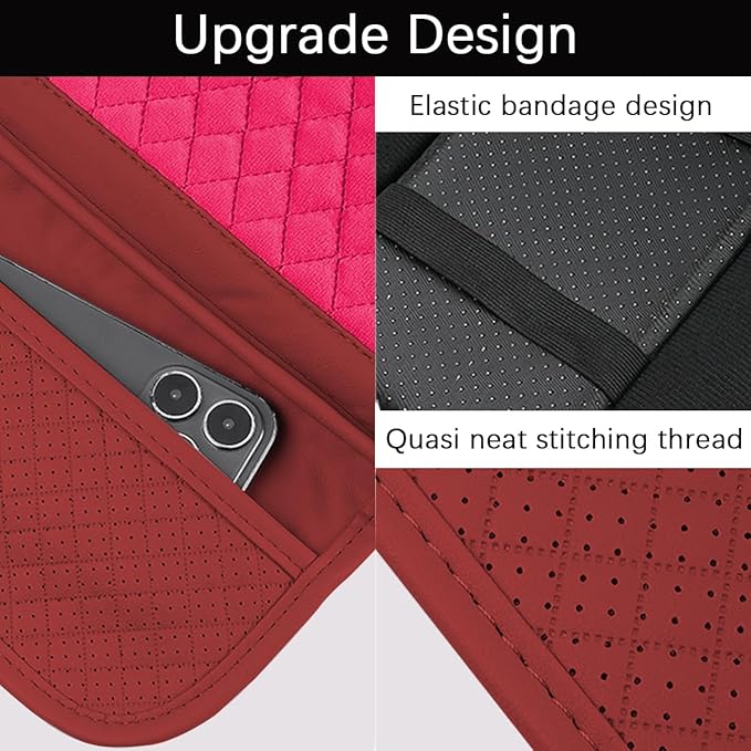 Car Center Console Cover, Leather Vehicle Armrest Cushion Pad with 2 Storage Bags, Auto Interior Middle Console Storage Box Protector Accessories, Universal for SUV, Sedan, Truck (Red)